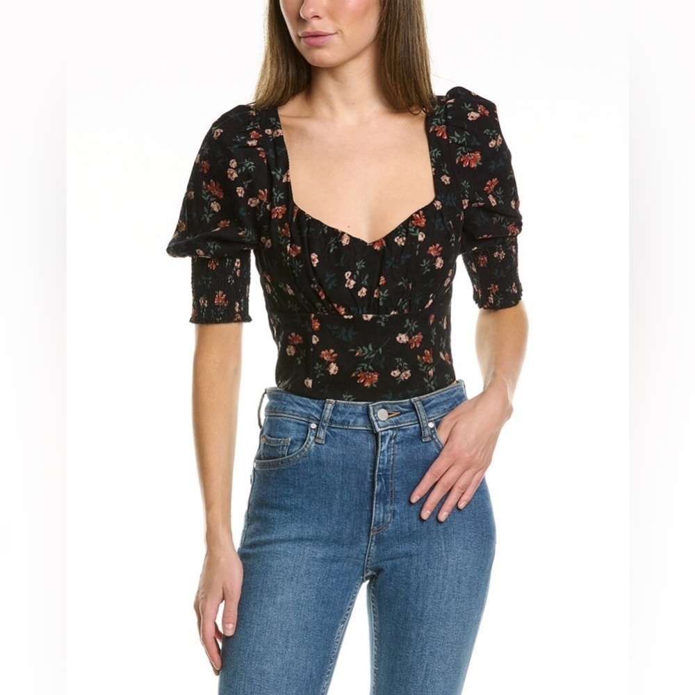 Allison New York NWT Melody Top In Floral Black Smocked Back Bodice XS